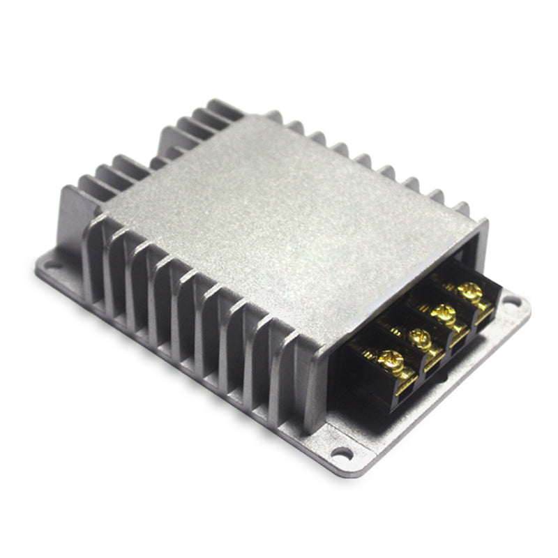 Metallic electronic component with ribbed design on a white background